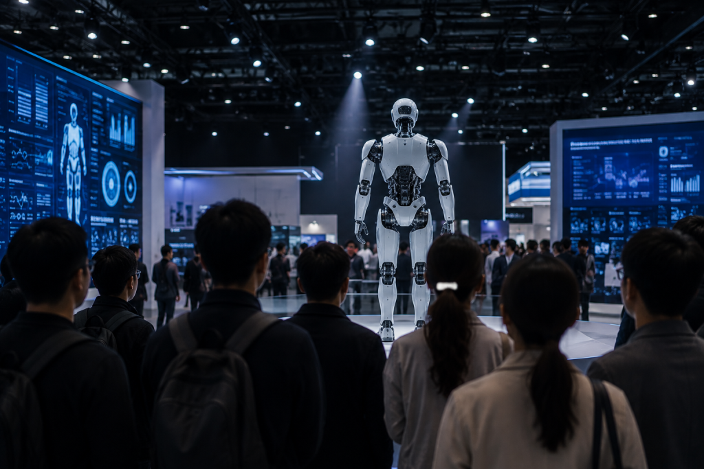 Ilustrasi robot AI humanoid menjadi perhatian pengunjung dalam pameran teknologi masa depan yang semakin berkembang.