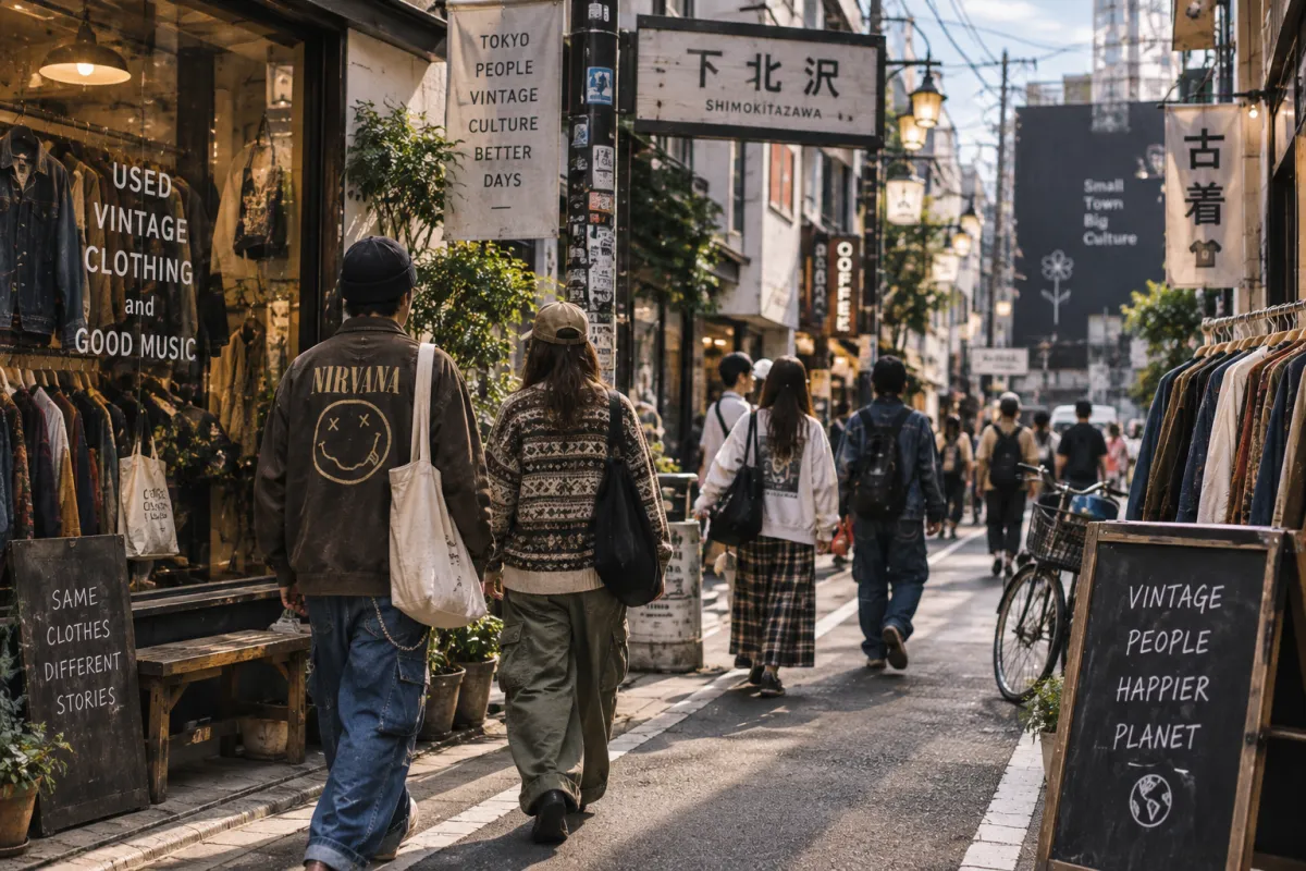 Ilustrasi suasana jalanan Tokyo yang memperlihatkan pengunjung mengenakan fashion vintage dan pakaian secondhand di kawasan dengan toko-toko pakaian bekas.