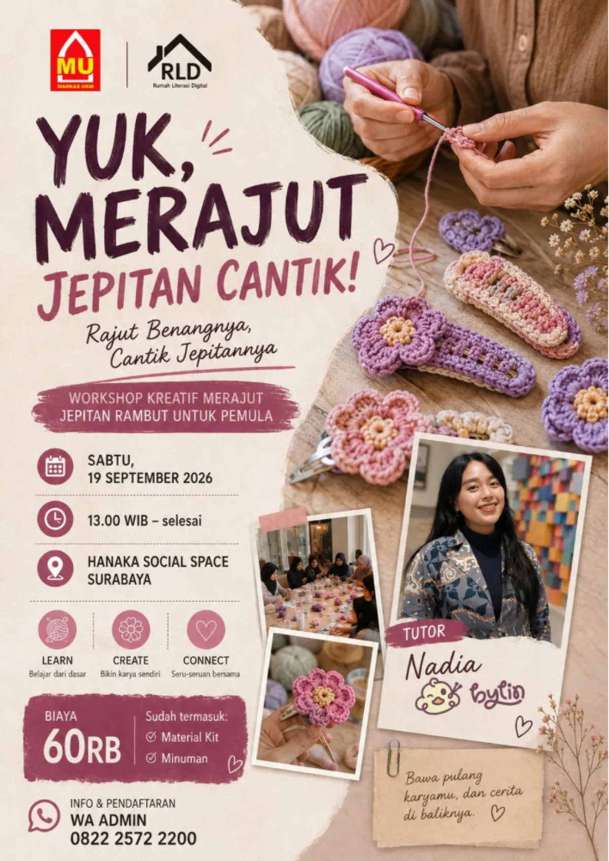 Poster Workshop &ldquo;Yuk, Merjaut Jepitan Cantik!&rdquo; yang diselenggarakan oleh Rumah Literasi Digital dan Markas UKM, Surabaya pada Sabtu, 19 September 2026 di Hanaka Social Space.